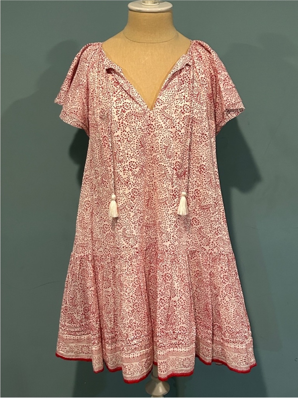 Cleobella Jaya Mini Dress Medium Paisley Ditzy Red White Organic Cotton Boho